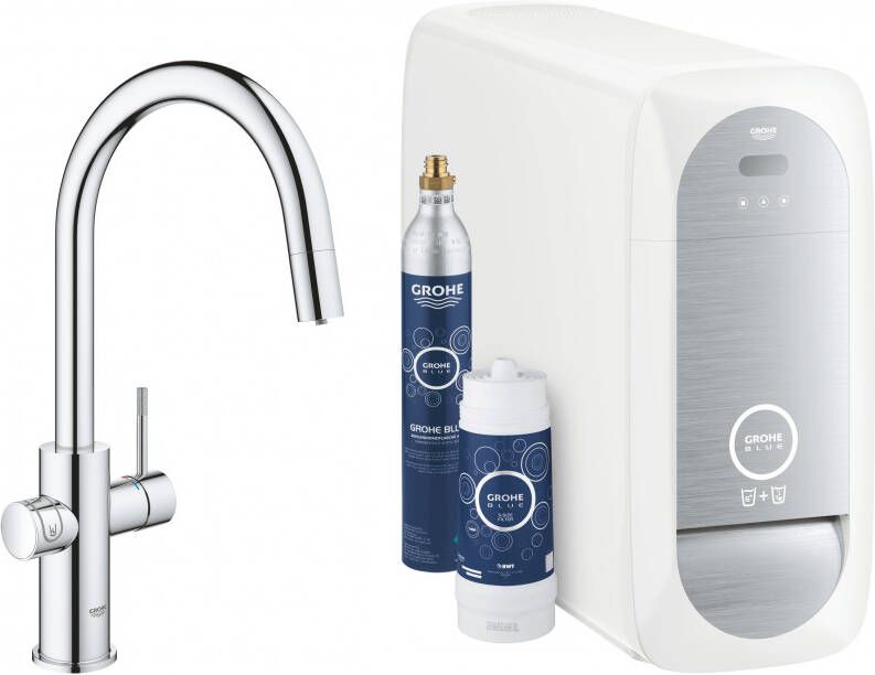 GROHE Blue Home C&amp S Duo Keukenmengkraan starterkit tweegreeps mousseur uittrekbaar 419mm hoogte C uitloop draaibaar chroom