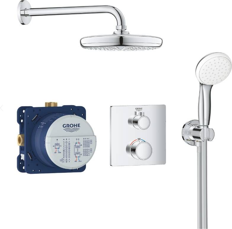 Grohe Grohtherm Perfect Regendoucheset hoofdddouche 21cm 2 functies handdouche rond 10cm rechthoekig afbouwdeel chroom 34729000
