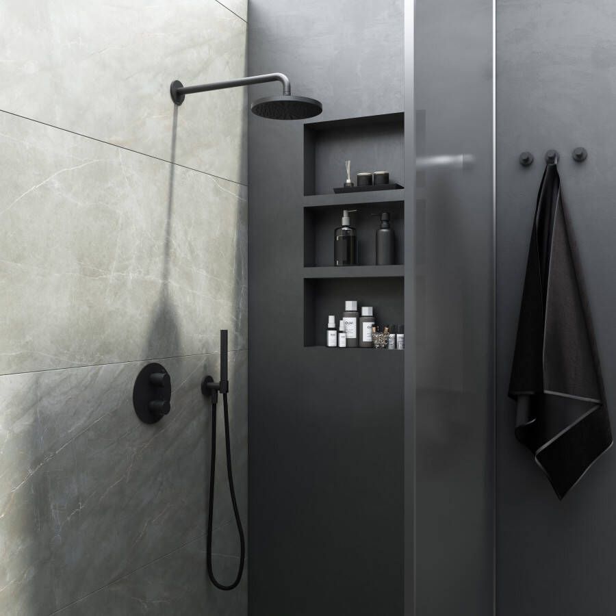 Hotbath Cobber complete thermostatische douche-inbouwset met 2-weg-omstel mat zwart