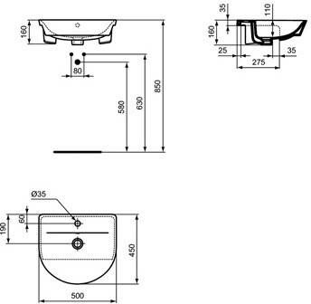 Ideal Standard Connect Air half inbouwwastafel Arc m. 1 kraangat m. overloop 50x45cm wit