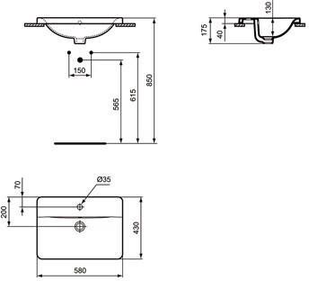 Ideal Standard Connect inbouwwastafel rechthoekig 58x43cm m. overloop m. kraangat Ideal plus wit