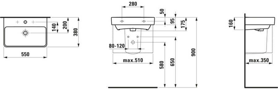 Laufen PRO s compact wastafel 55x38 cm.1x kraangat met overloop wit