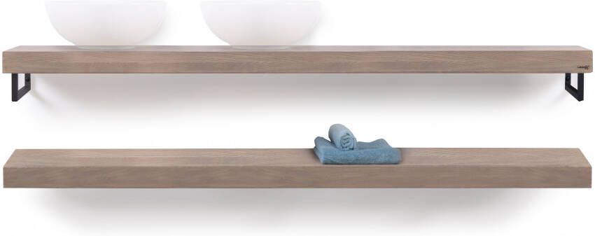 LoooX Wooden Base Shelf Duo 100 cm met matzwart handdoekhouders eiken old grey