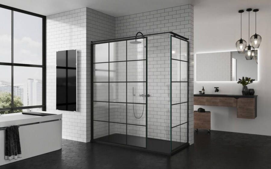 Novellini Kuadra inloopdouche 90 ver.87-90 cm.square motief zwart mat zwart
