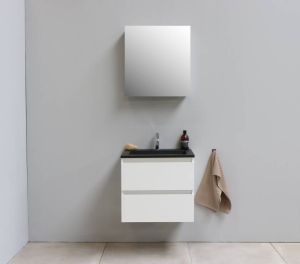 Sub Online flatpack onderkast met acryl wastafel slate structuur 1 kraangat met 1 deurs spiegelkast grijs 60x55x46cm hoogglans wit