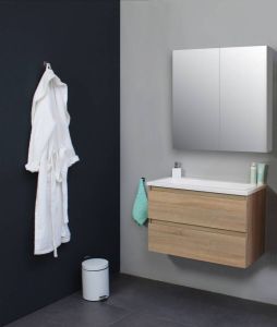 Sub Online flatpack onderkast met acryl wastafel zonder kraangaten met 1 deurs spiegelkast grijs 80x55x46cm hoogglans wit