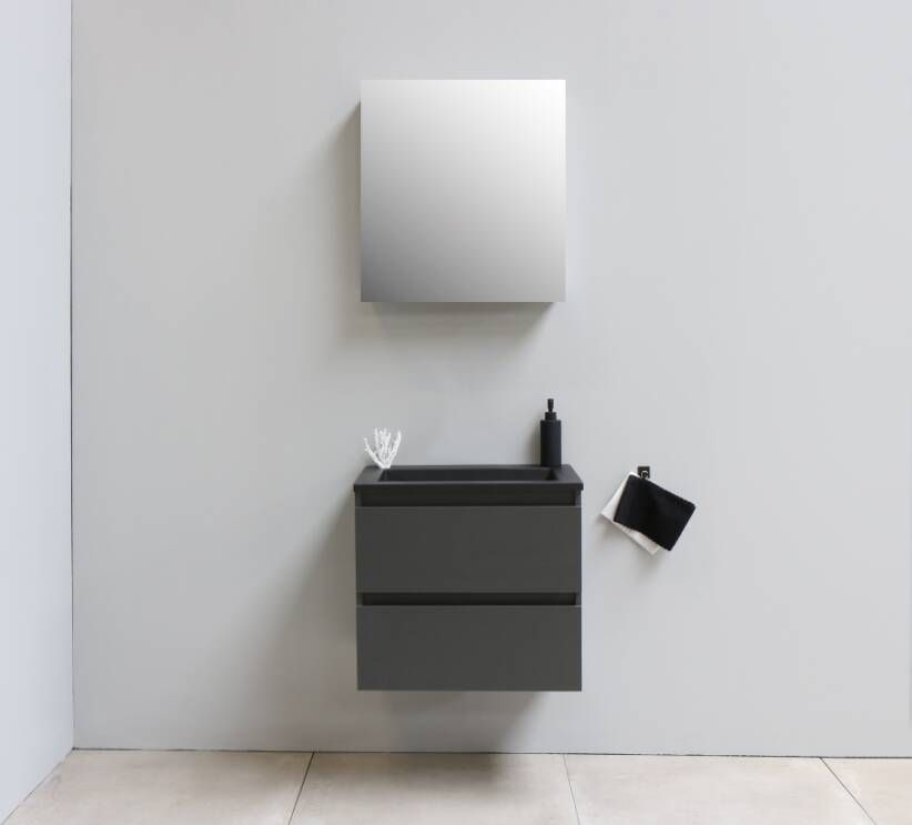 Sub Online onderkast met acryl wastafel slate structuur zonder kraangaten met 1 deurs spiegelkast grijs 60x55x46cm mat antraciet