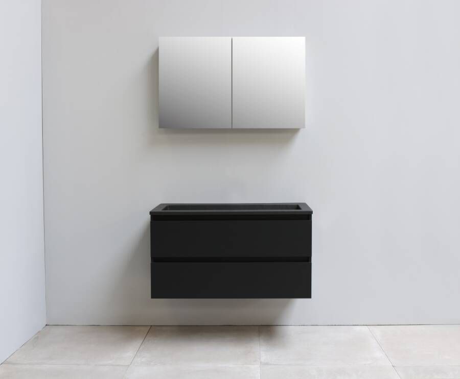 Sub Online onderkast met acryl wastafel slate structuur zonder kraangaten met 2 deurs spiegelkast grijs 120x55x46cm hoogglans wit