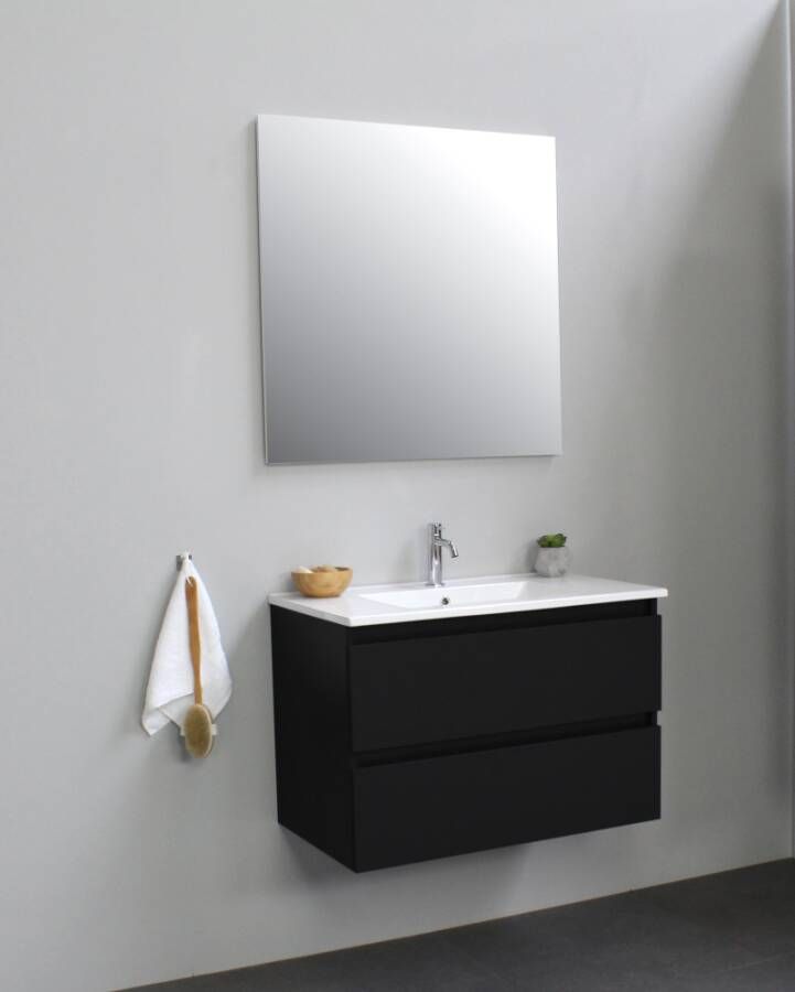 Sub Online onderkast met porseleinen wastafel 1 kraangat met spiegel 80x55x46cm mat zwart