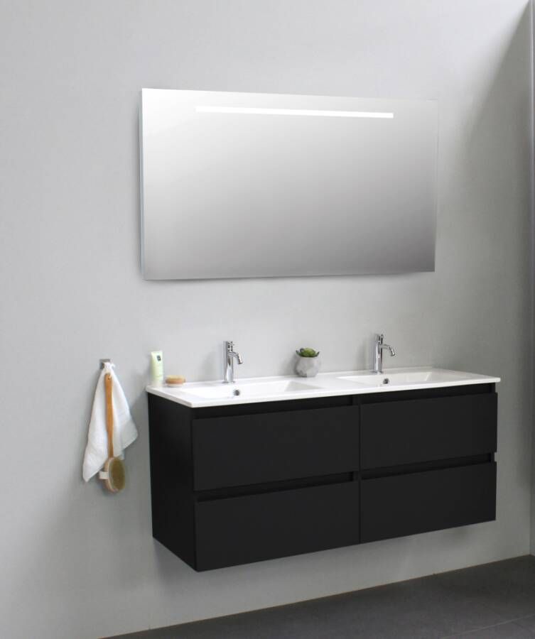 Sub Online onderkast met porseleinen wastafel 2 kraangaten met spiegel met geintegreerde LED verlichting 120x55x46cm mat zwart