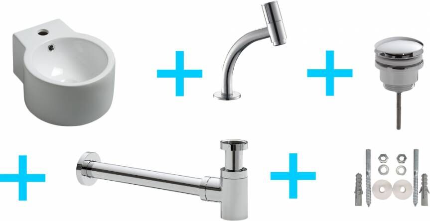 Xellanz Fonteinset Kronos Rond 35x28x16cm Keramiek Glans Wit Chroom Toiletkraan Sifon Clickwaste Bevestigingsset