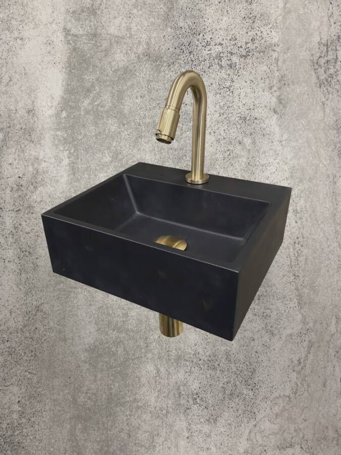 Wiesbaden Fonteinset Leto Rechthoek 33 5x29x11 5cm Keramiek Quartz Zwart Goud Toiletkraan Victoria Sifon Clickwaste Bevestigingsset - Foto 2