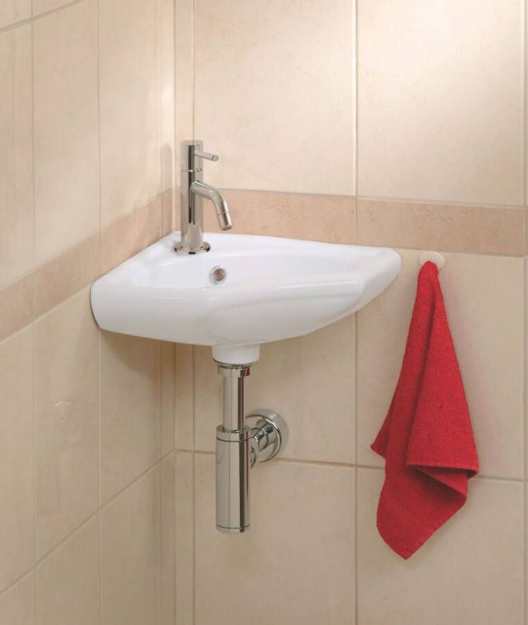 Wiesbaden Fonteinset Trevi Kwartrond Hoek 35x35x15cm Keramiek Glans Wit Chroom Toiletkraan Sifon Plug Bevestigingsset