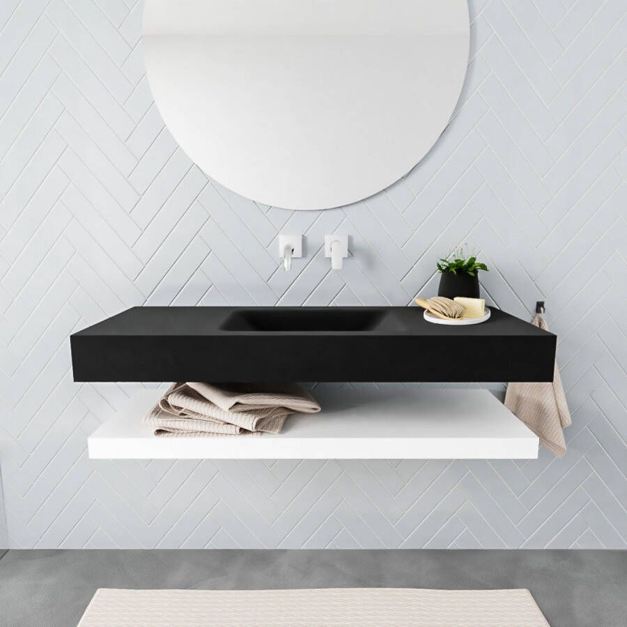 Aqua Splash Badkamermeubel AQS Ibiza 120 cm met Mat Wit Planchet Solid Surface Wastafel Mat Zwart Badmeubel Ibiza 120 cm Mat Wit Planchet Solid