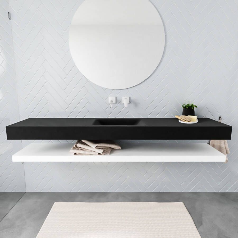 Aqua Splash Badkamermeubel AQS Ibiza 200 cm met Mat Wit Planchet Solid Surface Wastafel Mat Zwart Badmeubel Ibiza 200 cm Mat Wit Planchet Solid