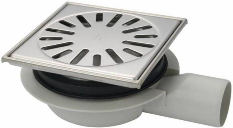 Aquaberg Doucheput ABS Vloerput RVS Opzetstuk RVS Rooster Laag Model Zijuitlaat 50 mm 150x150 mm PPC Reukafsluiter