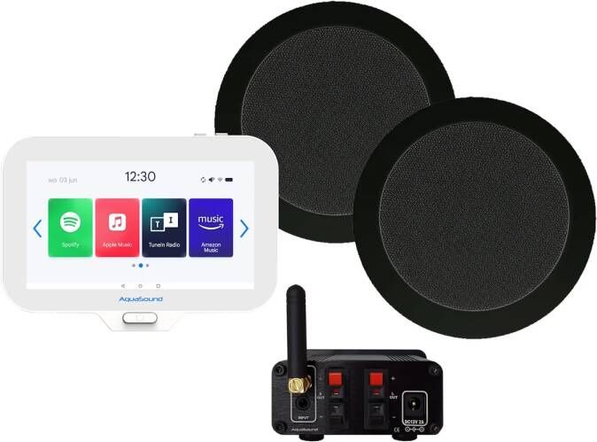 Aquasound N-Joy Connect n-joy connect badkamerradio controller (ipx7) wand lader twist speakerset zwart bluetooth versterker 30 watt 230v 12v emn30-tz