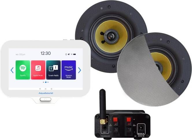 Aquasound N-Joy Connect n-joy connect badkamerradio controller (ipx7) wand lader rumba speakerset mat chroom bluetooth versterker 30 watt 230v 12v emn30-rc