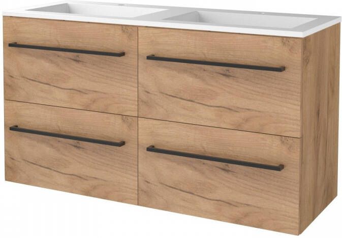 Boss & Wessing Badmeubelset BWS Salt 120x46cm Met Grepen 4 Lades Met Wastafel Acryl 2 Kraangaten Whisky Oak