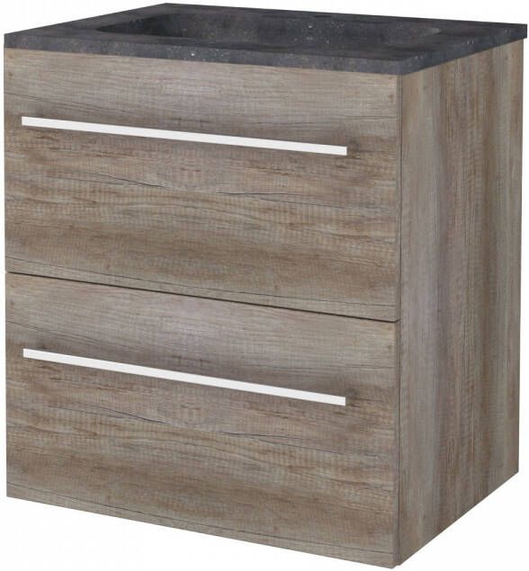 Boss & Wessing Badmeubelset BWS Salt 60x46cm Met Grepen 2 Lades Met Wastafel Hardsteen 1 Kraangat Scotch Oak