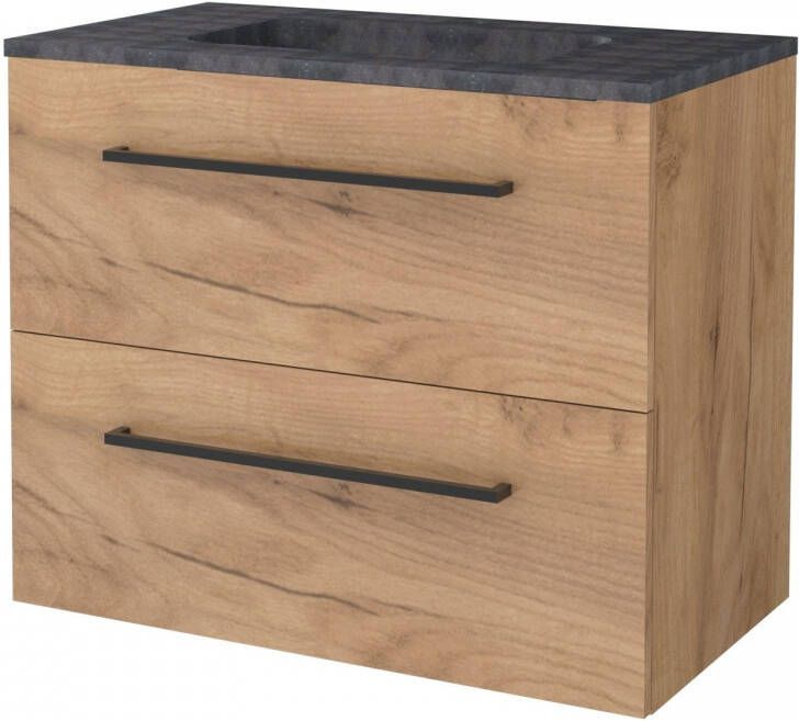 Boss & Wessing Badmeubelset BWS Salt 80x46cm Met Grepen 2 Lades Met Wastafel Hardsteen 1 Kraangat Whisky Oak