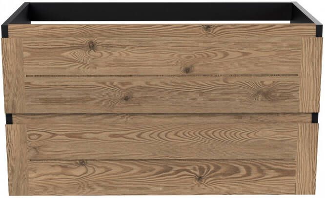 Arcqua Nature wastafelonderkast 89.5x45.9cm met softclose Greeploos 2 lades hout met melamine afwerking fronten echt eiken mat zwart ONK177496