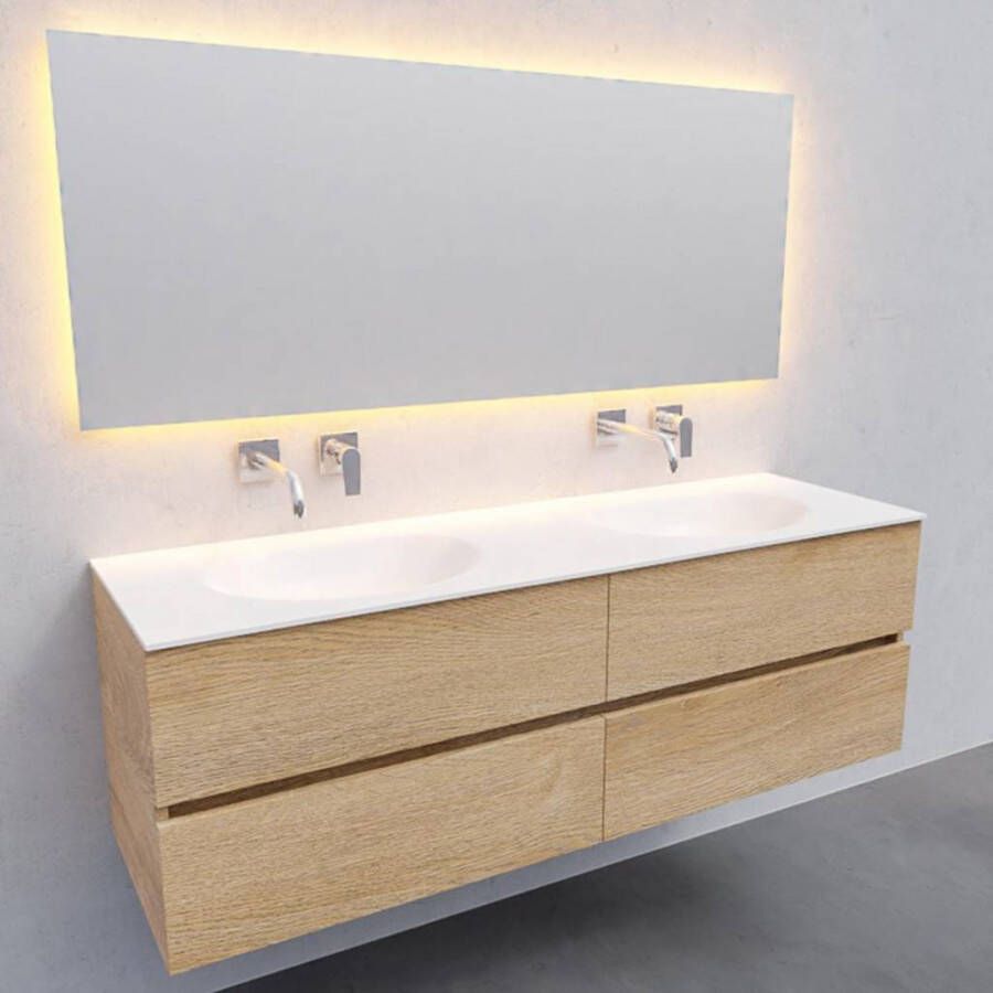 Boss & Wessing Badkamermeubel Solid Surface AQS Stockholm 150x46 cm Dubbel Wood Washed Oak 4 Laden