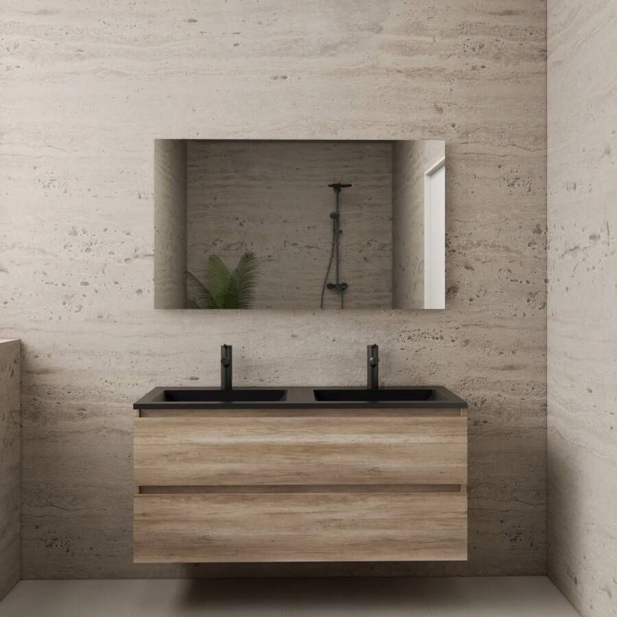 Boss & Wessing ACTIE BWS Badmeubel | Paris | Canyon Oak 120 cm | Mat Zwart Wastafel | 2 Kraangaten
