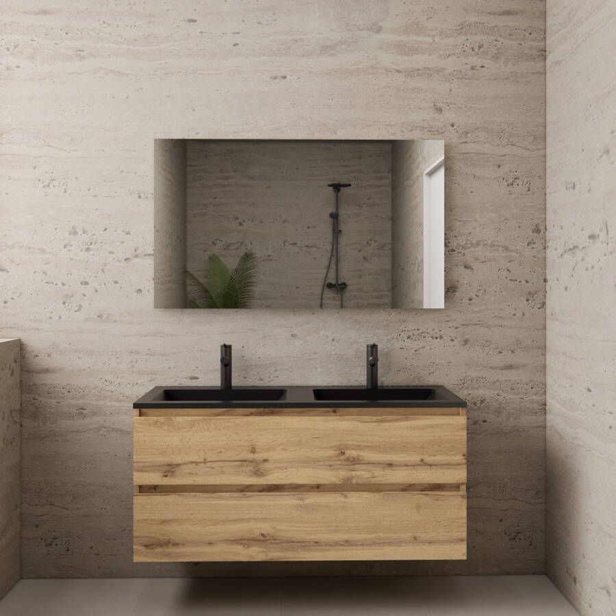 Boss & Wessing ACTIE BWS Badmeubel | Paris | Dakota Oak 120 cm | Mat Zwart Wastafel | 2 Kraangaten