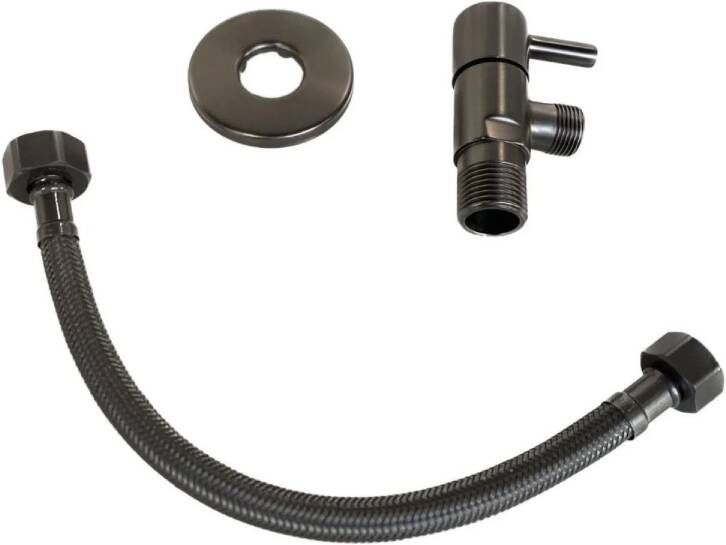 BLUE LABEL Brondby hoekstopkraan 1 2"x3 8"compleet met 25cm aansluitslang 1 2"x3 8" gun metal - Foto 2