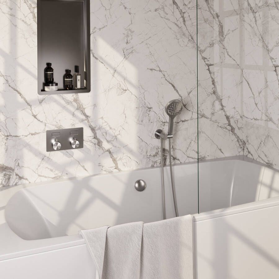 Brauer Brushed Edition thermostatische inbouw badkraan met drukknoppen SET 04 met badvulcombinatie en 3-standen handdouche en doucheslang en wandaansluitbocht RVS geborsteld PVD - Foto 2