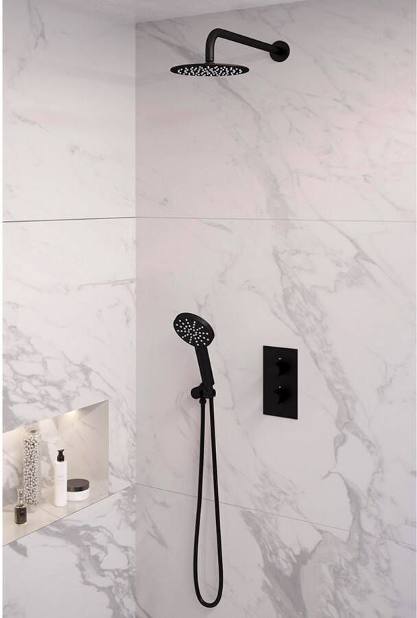 Brauer Inbouw Regendouche Set Black Edition Gebogen Wanduitloop Ronde Hoofddouche 20 cm Met Handdouche 3 Standen Mat Zwart