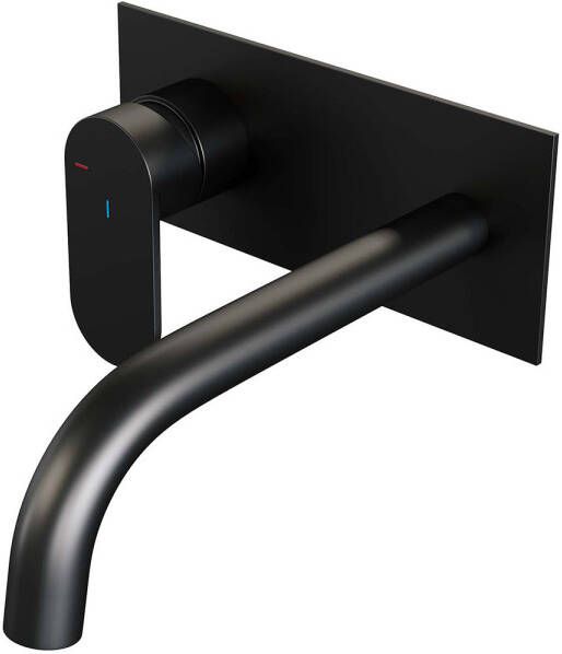 Brauer Black Edition Wastafelmengkraan inbouw gebogen uitloop rechts brede platte gladde hendel afdekplaat model C2 mat zwart 5-S-083-B3