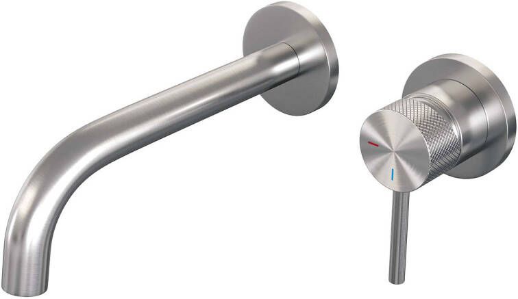 Brauer Brushed Carving Wastafelmengkraan inbouw gebogen uitloop links hendel lang smal carving- model A 1 PVD geborsteld RVS 5-NG-004-B6-65