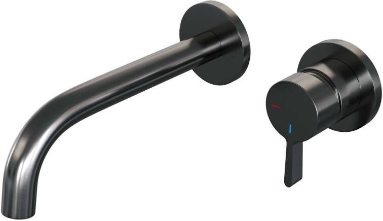 Brauer Inbouw Wastafelmengkraan Gunmetal Edition Coldstart Gebogen Uitloop Halfronde Hendel Rechts Geborsteld Gunmetal PVD Met Afdekplaat