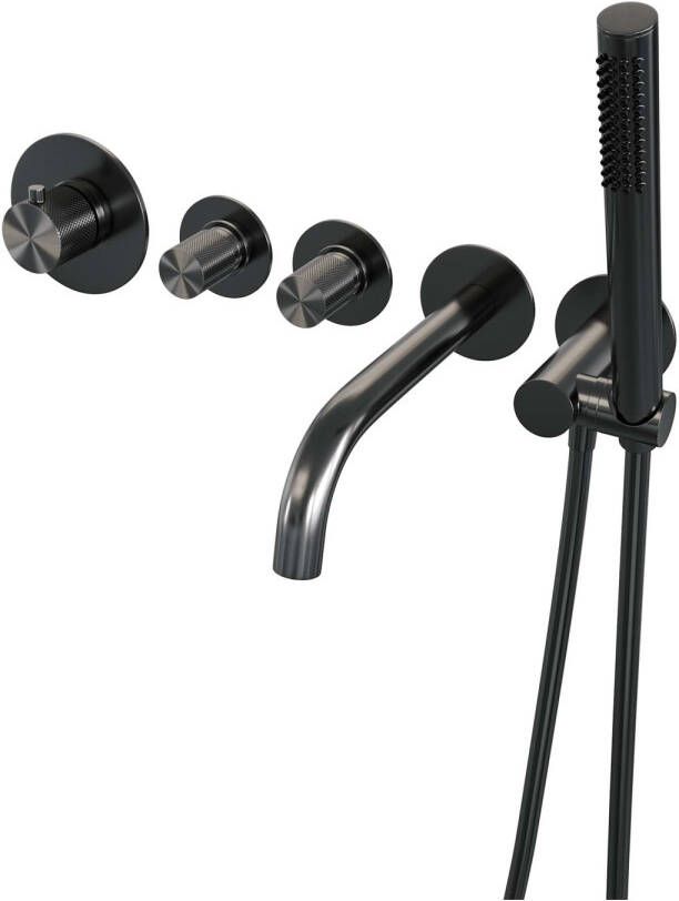 Brauer Inbouwthermostaatset Gunmetal Carving Incl Baduitloop en Staafhanddouche Messing Gunmetal