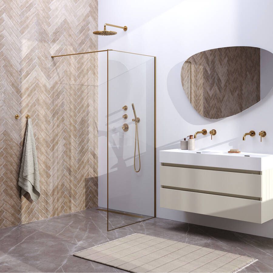 Brauer Inloopdouche Frame Set 1 Helder Glas 90x200 Met Muurprofiel En Lijst Rondom Goud Geborsteld
