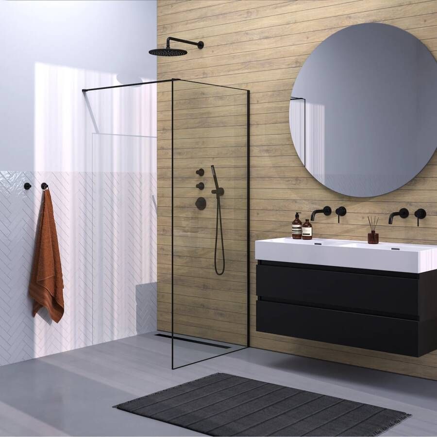 Brauer Inloopdouche Frame Set 1 Helder Glas 90x200 Met Muurprofiel En Lijst Rondom Mat Zwart - Foto 3