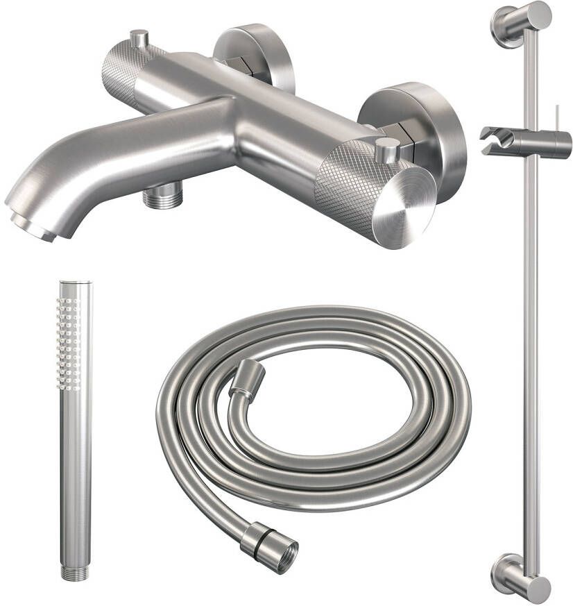 Brauer Opbouwset Bad- en Douchekraan Brushed Carving Thermostatisch Met Glijstang Geborsteld RVS
