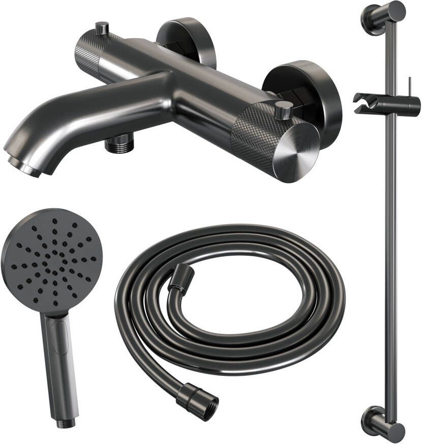 Brauer Opbouwset Bad- en Douchekraan Gunmetal Carving Thermostatisch Met Glijstang En Handdouche 3 Standen Geborsteld Gunmetal