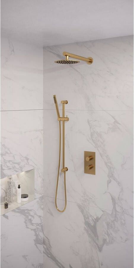 Brauer Regendoucheset Inbouw Gold Edition Thermostatisch 20 cm met 3-Weg Omstelling Wandarm Glijstang en Staaf Handdouche Geborsteld Goud
