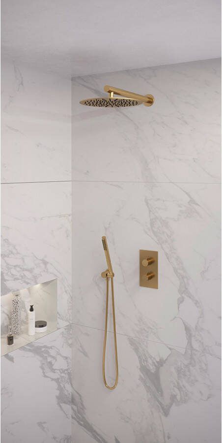 Brauer Gold Edition thermostatische inbouw regendouche set 33 3-weg omstelling 20 cm douchekop gebogen muurarm 3-standen handdouche doucheslang wandaansluitbocht goud geborsteld PVD - Foto 3