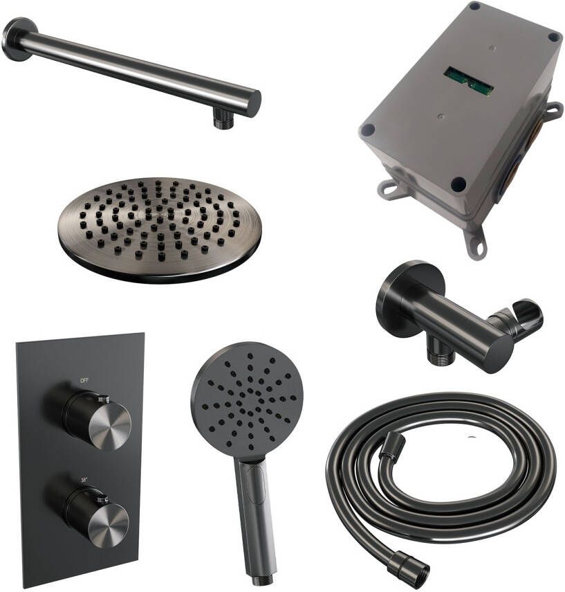 Brauer Regendoucheset Inbouw Gunmetal Edition Thermostatisch 20 cm met 3-Weg Omstelling Wandarm en 3-Standen Handdouche Geborsteld Gunmetal