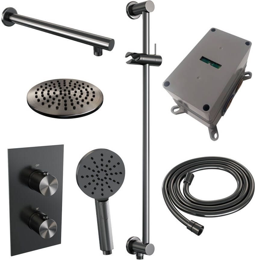 Brauer Regendoucheset Inbouw Gunmetal Edition Thermostatisch 20 cm met 3-Weg Omstelling Wandarm Glijstang en Handdouche 3-Standen Geborsteld