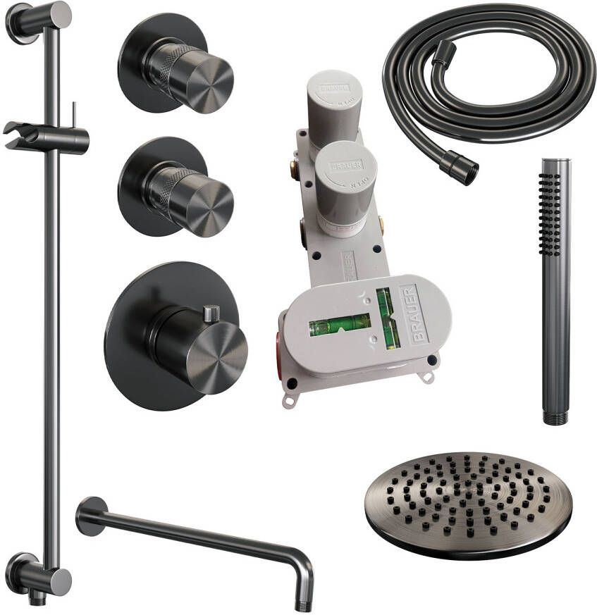 Brauer Regendoucheset Inbouw Gunmetal Edition Thermostatisch 20 cm met Gebogen Wandarm Glijstang en Handdouche Staaf Losse Stopkranen Geborsteld