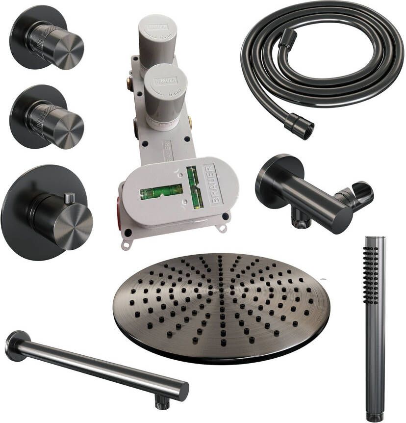 Brauer Gunmetal Edition thermostatische inbouw regendoucheset 40cm gebogen wandarm met 20cm ronde hoofddouche 1 stand staafhanddouche 150cm gladde doucheslang met glijstang en handdouchehouder Gunmetal geborsteld PVD 5-GM-078 - Foto 5