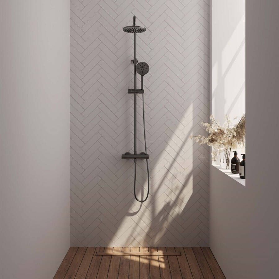 Brauer Regendoucheset Opbouw Gunmetal Edition 20 cm Thermostatisch met Handdouche 3-Standen Geborsteld Gunmetal