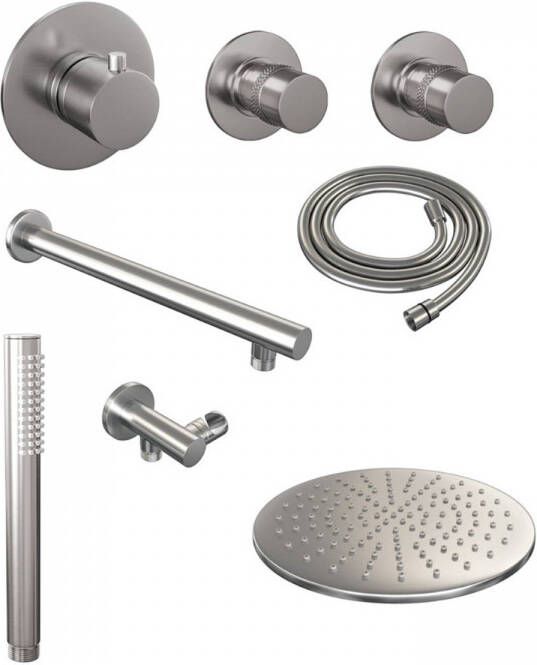 Brauer Thermostatisch Inbouwdoucheset Brushed 30 cm Hoofddouche Wandarm Staafhanddouche Geborsteld Nikkel