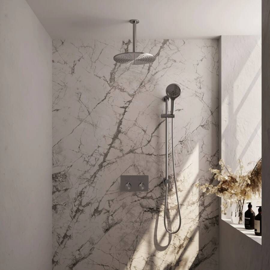 Brauer Thermostatische Inbouw Regendouche Brushed Edition Met Drukknoppen SET 57 Met 20 Cm Douchekop En Gebogen Muurarm En 3-Standen Handdouche En Doucheslang En Wandaansluitbocht RVS Geborsteld PVD - Foto 3
