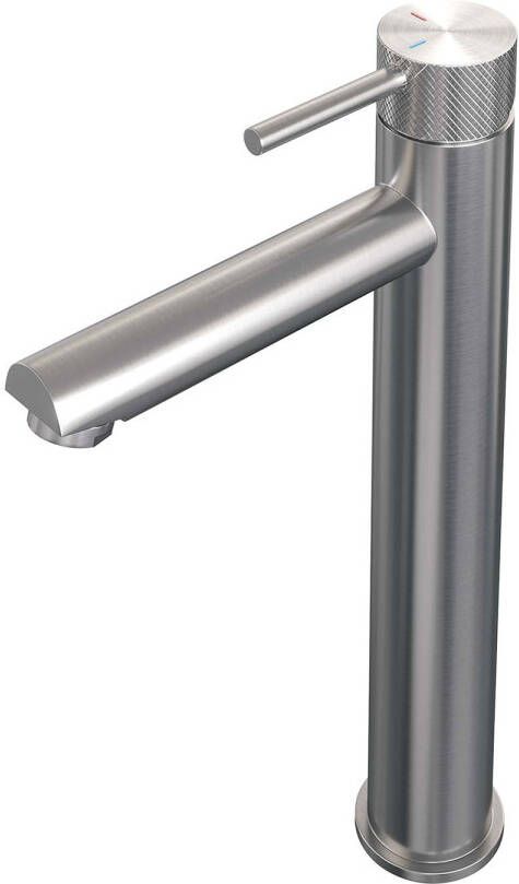 Brauer Brushed Carving verhoogde wastafelkraan met lange ronde handgreep en ColdStart RVS geborsteld PVD